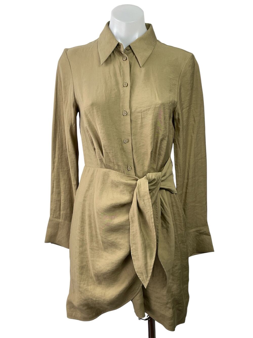 & Other Stories Olive Green Long Sleeve Tie Waist Wrap Mini Shirt Dress Size 2